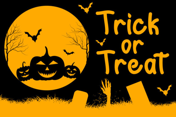 Unusual Halloween Fonts: 35 Creative Picks for Standout Designs 39 Halloween-themed graphic with a pumpkin, bats, and the text 'Trick or Treat'.