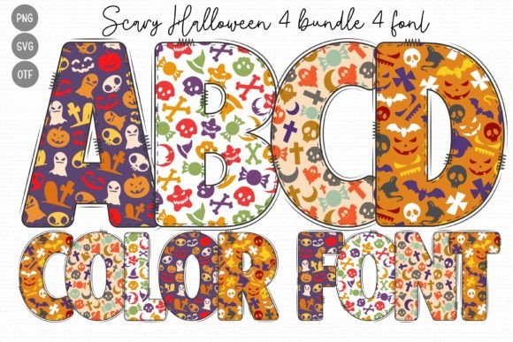 35 Creepy Alphabet Fonts for Bold Halloween Projects 22 Colorful Halloween-themed alphabet letters A, B, C, D with spooky icons.
