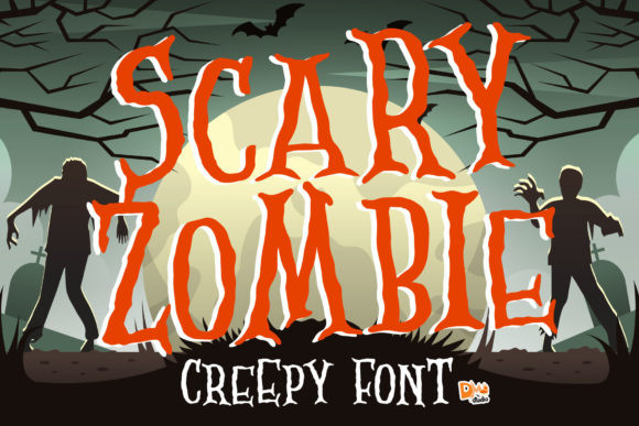28 Halloween Fonts for Stickers & Labels That Print Clearly 18 Scary Zombie font displayed with a spooky background featuring silhouettes of zombies and a full moon.