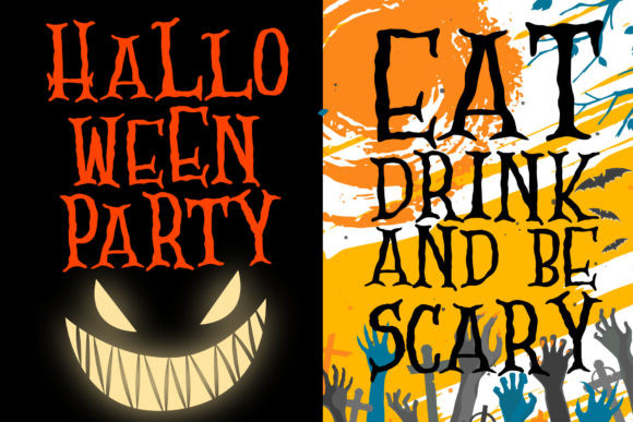 44 Spooky Halloween Alphabet Fonts for Posters and Crafts 21 Two Halloween-themed posters with spooky fonts: 'Halloween Party' and 'Eat Drink and Be Scary'.