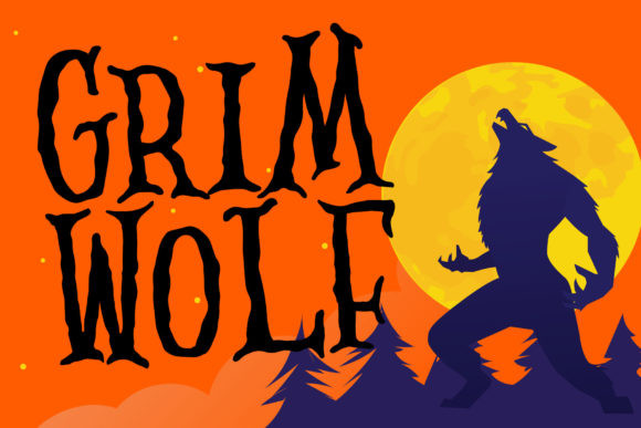 35 Creepy Alphabet Fonts for Bold Halloween Projects 12 Creepy font displaying the words 'Grim Wolf' with a werewolf silhouette against an orange moonlit background.