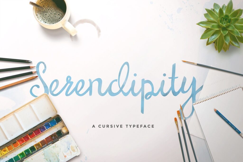 Serendipity Font for Branding — Canva fonts for professional branding Serendipity font displayed with art supplies and a cup of coffee — Canva fonts for professional branding
