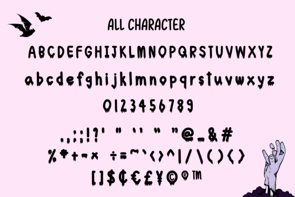 45 Chunky Halloween Fonts for Cricut and Canva Projects 30 Chunky Halloween font character set with letters, numbers, and symbols on a pink background.