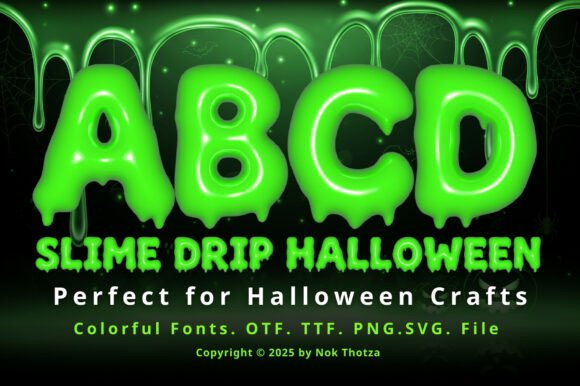 49 Thick Halloween Fonts for Bold Posters and T-Shirts 49 Slime Drip Halloween font showcasing colorful, gooey letters for Halloween crafts.