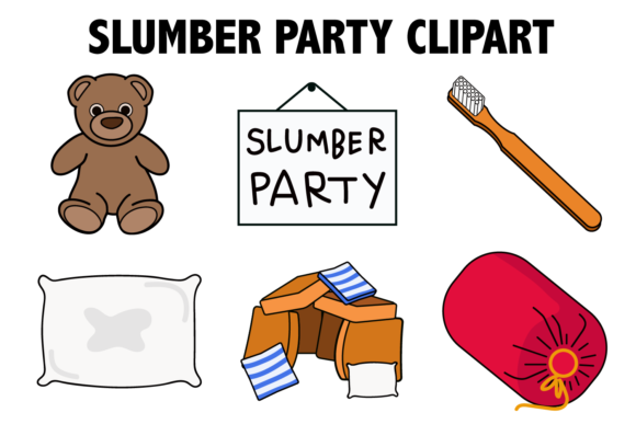Pajama Party Invite Template: 25 Cozy Designs You’ll Love 16 Colorful slumber party clipart featuring a teddy bear, toothbrush, sign, pillow, snack box, and sleeping bag.