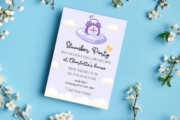 Pajama Party Invite Template: 25 Cozy Designs You’ll Love 2 Slumber party invitation featuring an alarm clock and clouds on a blue background.
