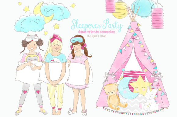 Pajama Party Invite Template: 25 Cozy Designs You’ll Love 17 Three girls in pajamas holding pillows with a colorful tent and stars in the background.