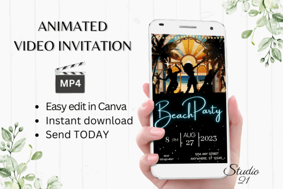 29 Bright Summer Party Invite Templates for Sunny Celebrations 35 Animated beach party invitation displayed on a smartphone with sunset and palm tree graphics.