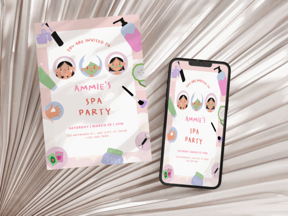 Spa Party Invite Template: 20 Beautiful Designs 4 Spa party invitation design featuring playful illustrations and a smartphone version.