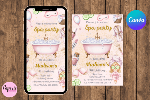 Spa Party Invite Template: 20 Beautiful Designs 2 Spa party invitation template featuring a bathtub with bubbles and beauty products.