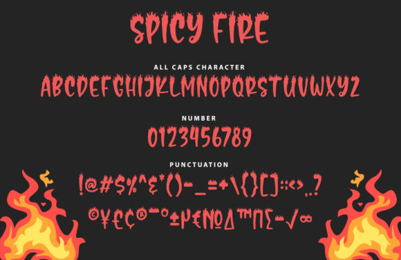 28 Halloween Fonts for Stickers & Labels That Print Clearly 27 Spicy Fire Halloween font showcasing letters, numbers, and punctuation with flame graphics.