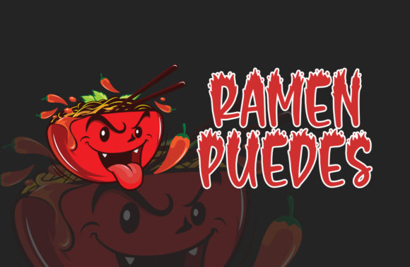 35 Creepy Alphabet Fonts for Bold Halloween Projects 16 Playful font design featuring the words 'RAMEN PUEDES' with a cartoonish chili pepper character.