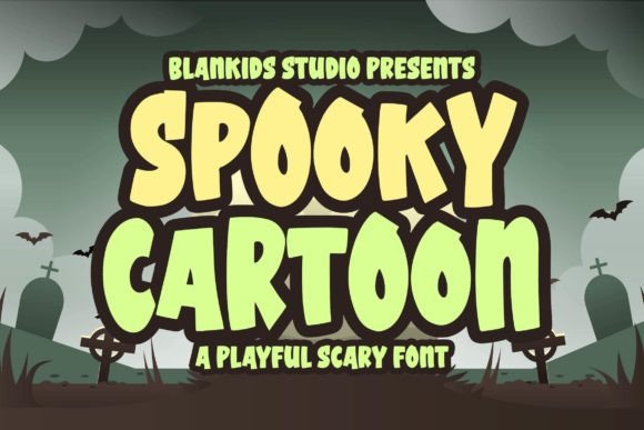 39 Quirky Halloween Fonts for Playful Spooky Designs 28 Playful Halloween font 'Spooky Cartoon' with a spooky background and bats.