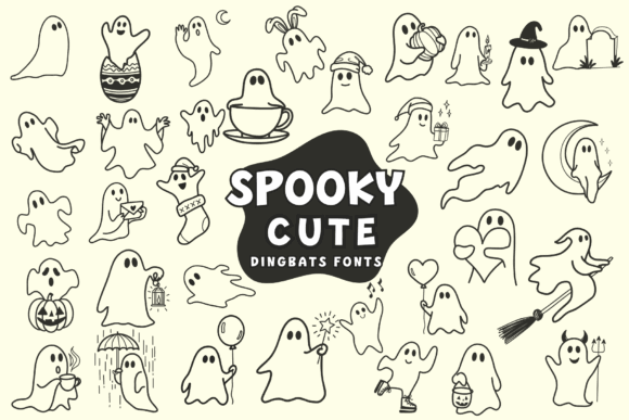 Halloween Bubble Fonts: 36 Playful Picks for Spooky Crafts 48 Cute ghost illustrations in various Halloween-themed poses and activities.