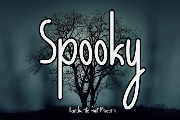 Weird Halloween Fonts: 32 Whimsical Picks for Creative Designs 31 The word 'Spooky' in a whimsical handwritten font against a dark, eerie background with a tree silhouette.