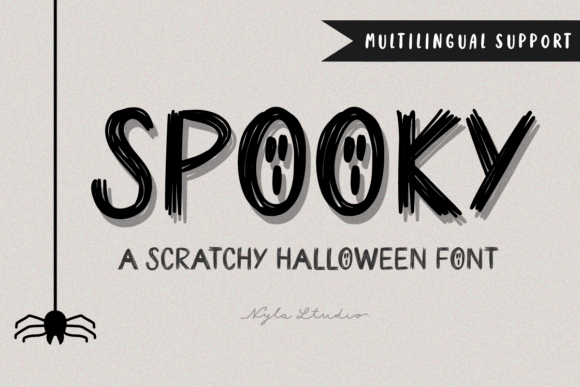 28 Halloween Fonts for T-Shirt Designs & POD 32 Spooky Scratch Halloween font design featuring a spider and playful lettering.