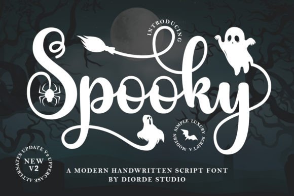 35 Creepy Alphabet Fonts for Bold Halloween Projects 20 Handwritten script font named Spooky with Halloween-themed icons like ghosts and bats.