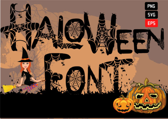 Spooky Font Alphabet: 33 Best Halloween Styles for 2026 2 Spooky Halloween font with spider webs, pumpkins, and a witch illustration.