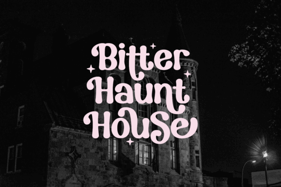 28 Halloween Fonts for T-Shirt Designs & POD 3 Bitter Haunt House text design with a spooky font over a dark building background.
