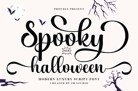 35 Creepy Alphabet Fonts for Bold Halloween Projects 27 Elegant script font displaying the words 'Spooky Halloween' with bats and trees in the background.