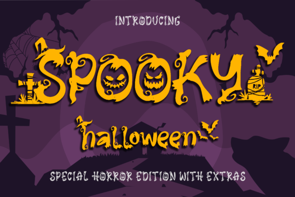 Unusual Halloween Fonts: 35 Creative Picks for Standout Designs 37 Spooky Halloween font design featuring pumpkins and bats on a purple background.
