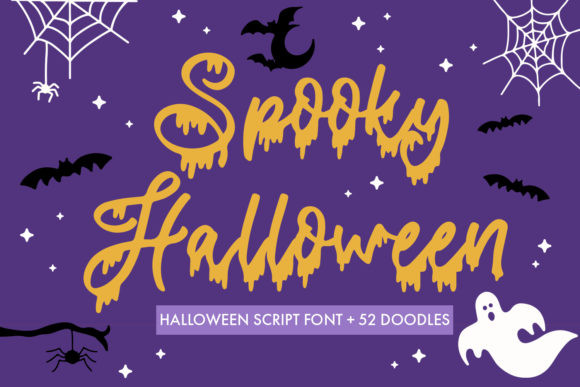 35 Creepy Alphabet Fonts for Bold Halloween Projects 29 Spooky Halloween font with dripping letters on a purple background featuring bats and spiderwebs.