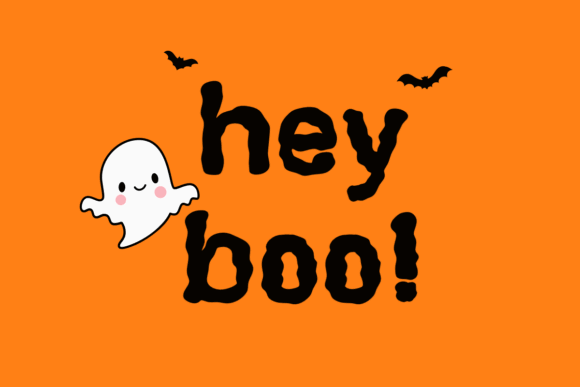 35 Creepy Alphabet Fonts for Bold Halloween Projects 23 Playful Halloween text saying 'hey boo!' with a friendly ghost and bats on an orange background.