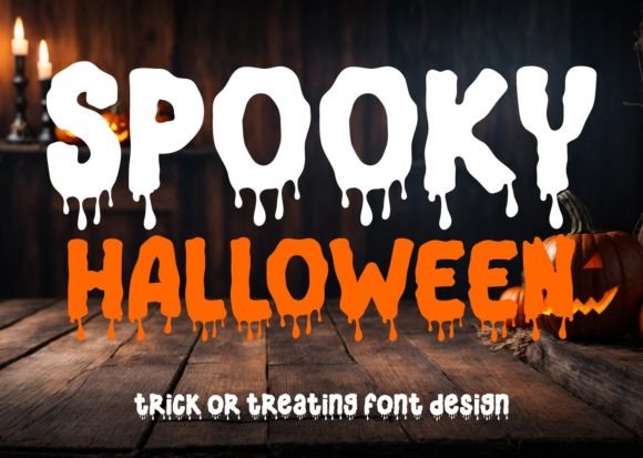 44 Spooky Halloween Alphabet Fonts for Posters and Crafts 71 Dripping text design reading 'Spooky Halloween' with a pumpkin and candles in the background.