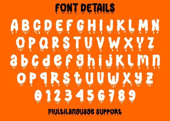 44 Spooky Halloween Alphabet Fonts for Posters and Crafts 72 Dripping horror font alphabet on an orange background with letters and numbers.