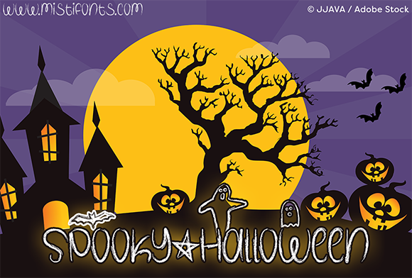 Spooky Font Alphabet: 33 Best Halloween Styles for 2026 36 Spooky Halloween font with a haunted scene featuring bats, pumpkins, and a tree against a yellow moon.
