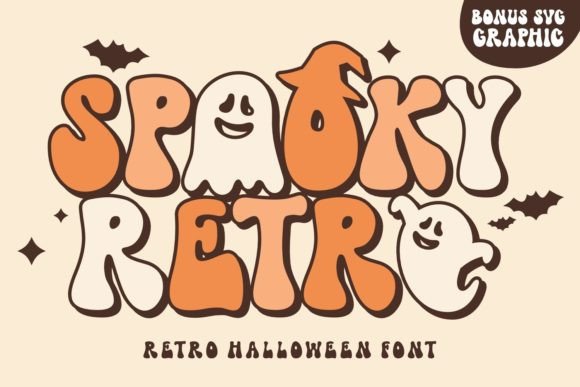 28 Halloween Fonts for T-Shirt Designs & POD 11 Spooky Retro Halloween font design featuring playful letters and ghost graphics.