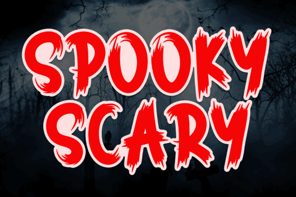 44 Spooky Halloween Alphabet Fonts for Posters and Crafts 61 Bold red text reading 'Spooky Scary' against a dark, eerie background with silhouettes of trees and gravestones.