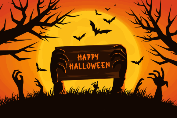 44 Spooky Halloween Alphabet Fonts for Posters and Crafts 62 Hands emerging from the ground holding a sign that says 'Happy Halloween' against a spooky sunset.