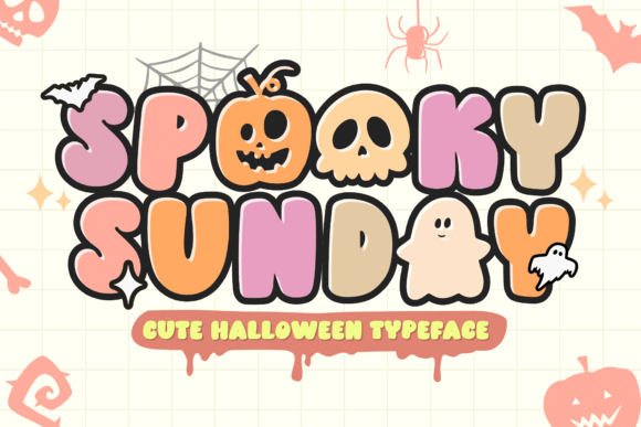 39 Quirky Halloween Fonts for Playful Spooky Designs 18 Playful Halloween font with the text 'Spooky Sunday' featuring cute skulls and ghosts.