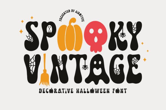 25 Cute Halloween Bubble Fonts for Playful Designs 3 Spooky Vintage Halloween font featuring playful letters, a pumpkin, skull, and decorative elements.
