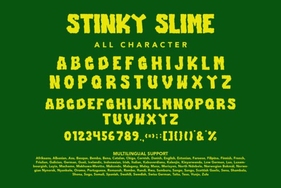 49 Thick Halloween Fonts for Bold Posters and T-Shirts 47 Stinky Slime font showcasing uppercase and lowercase letters, numbers, and symbols on a green background.