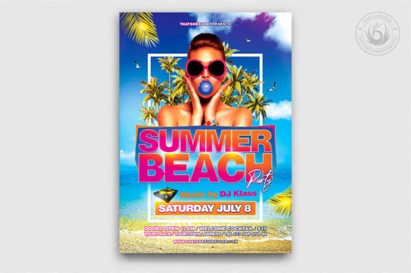Beach Party Invite Template: 25 Best Sunny Designs 27 Colorful summer beach party flyer featuring a woman in sunglasses and palm trees.