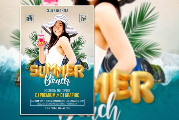 Beach Party Invite Template: 25 Best Sunny Designs 26 Summer beach party flyer with a woman in a hat holding a drink and tropical background.