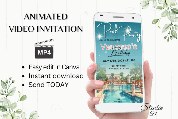 29 Bright Summer Party Invite Templates for Sunny Celebrations 13 Animated pool party invitation on a smartphone with tropical design elements.
