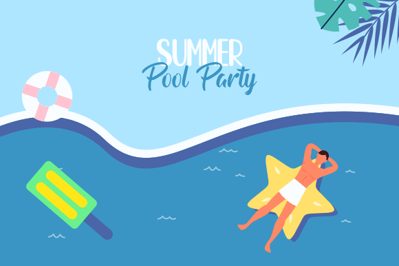 29 Bright Summer Party Invite Templates for Sunny Celebrations 15 Illustration of a person relaxing on a star-shaped float in a pool with summer party text.