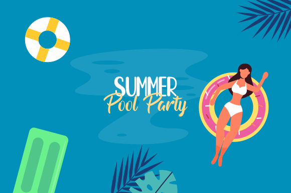 29 Bright Summer Party Invite Templates for Sunny Celebrations 14 Colorful summer pool party invitation with a woman on a float and tropical elements.