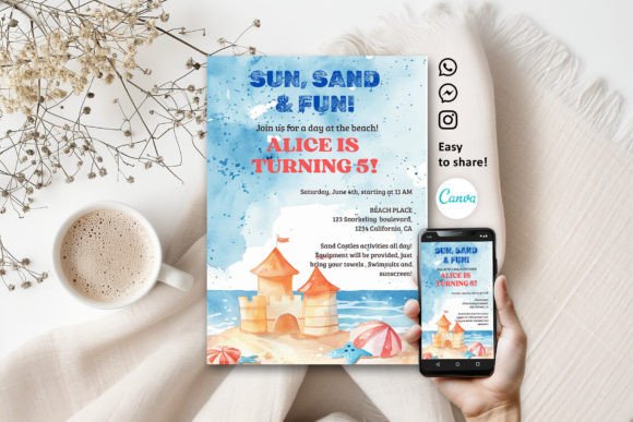 Beach Party Invite Template: 25 Best Sunny Designs 8 Colorful beach party invitation featuring a sand castle and event details.