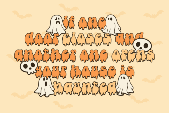 49 Thick Halloween Fonts for Bold Posters and T-Shirts 6 Playful Halloween text with ghosts and skulls, featuring dripping orange letters.