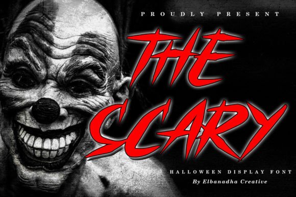 44 Spooky Halloween Alphabet Fonts for Posters and Crafts 59 A creepy Halloween display font titled 'The Scary' featuring a sinister clown face.