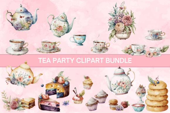 30 Charming Tea Party Invitation Templates for Elegant Celebrations 28 Watercolor tea party clipart featuring teapots, cups, cakes, and floral arrangements.