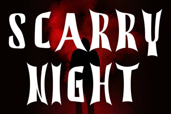 49 Thick Halloween Fonts for Bold Posters and T-Shirts 18 Bold Halloween font displaying the words 'SCARRY NIGHT' against a dark, smoky background.