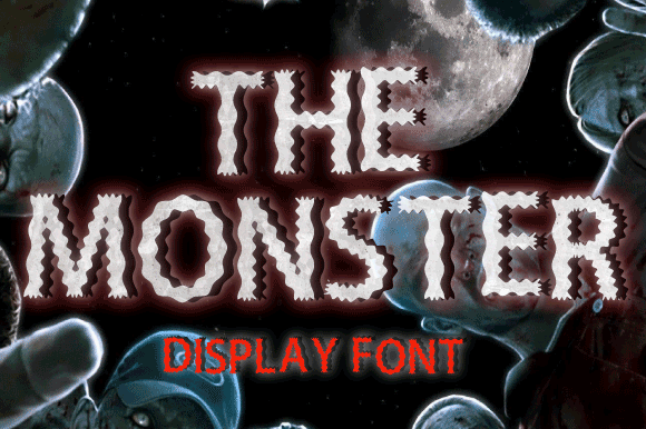 Weird Halloween Fonts: 32 Whimsical Picks for Creative Designs 40 The Monster display font with jagged, spooky letters and a glowing red outline on a dark background with moon and monster