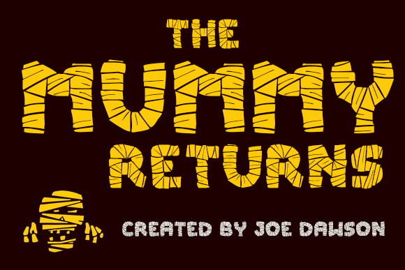 28 Halloween Fonts for Stickers & Labels That Print Clearly 6 The Mummy Returns Halloween font with a yellow, bandage-like design on a dark background.