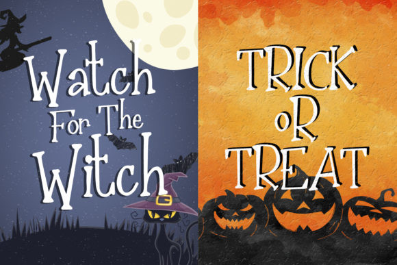 35 Creepy Alphabet Fonts for Bold Halloween Projects 35 Halloween-themed typography featuring 'Watch For The Witch' and 'TRICK or TREAT' with pumpkins.