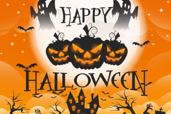 Halloween Bubble Letter Fonts: 27 Cute Spooky Picks 36 Halloween-themed graphic with pumpkins, bats, and a haunted house against an orange background.